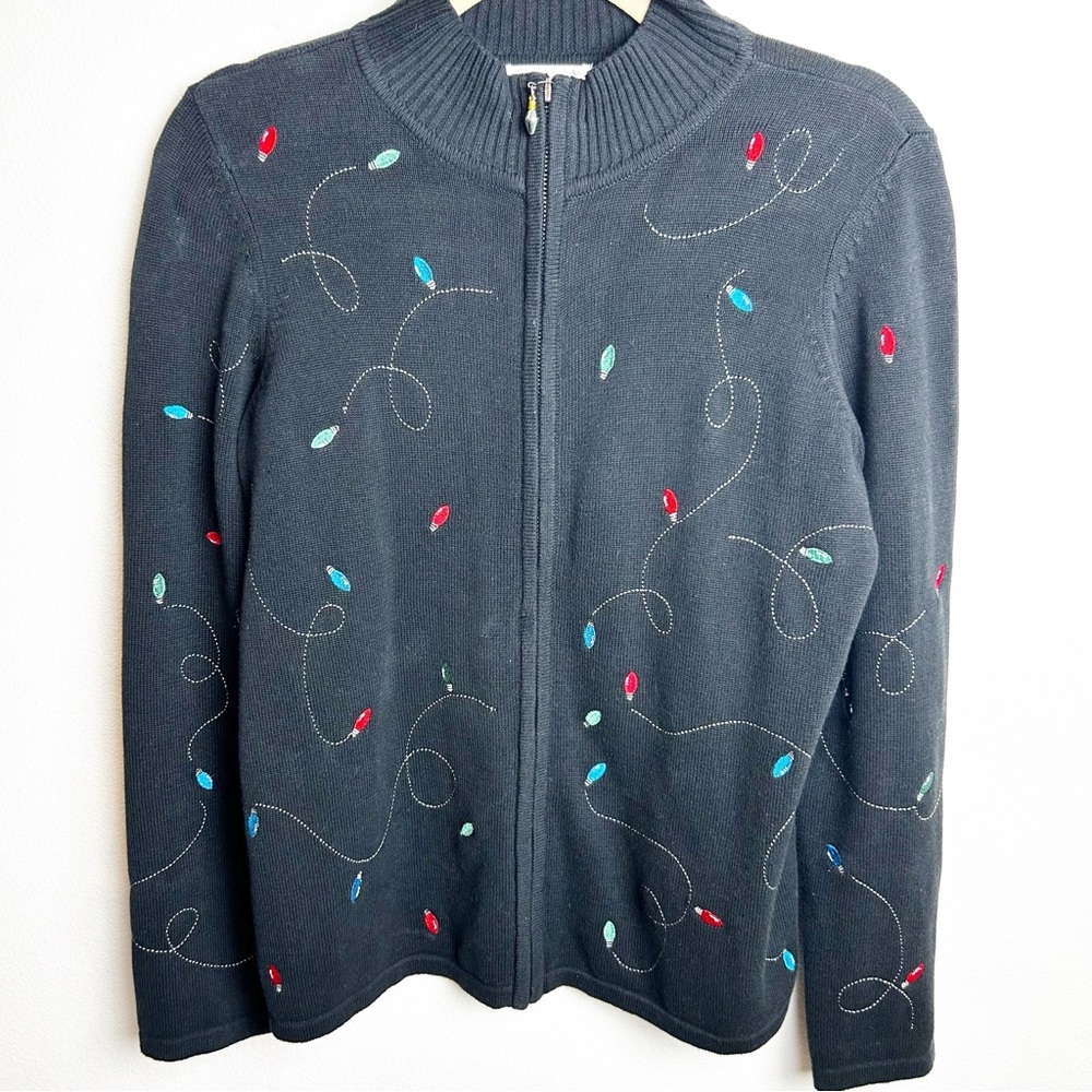 Christopher & Banks Holiday sweater Christmas lights embroidered zip-up size: S